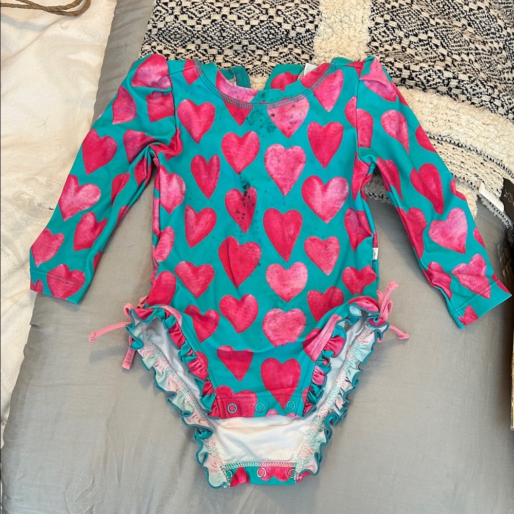 Posh Peanut Teal and Pink Heart Kids Swim One Piece Rashguard